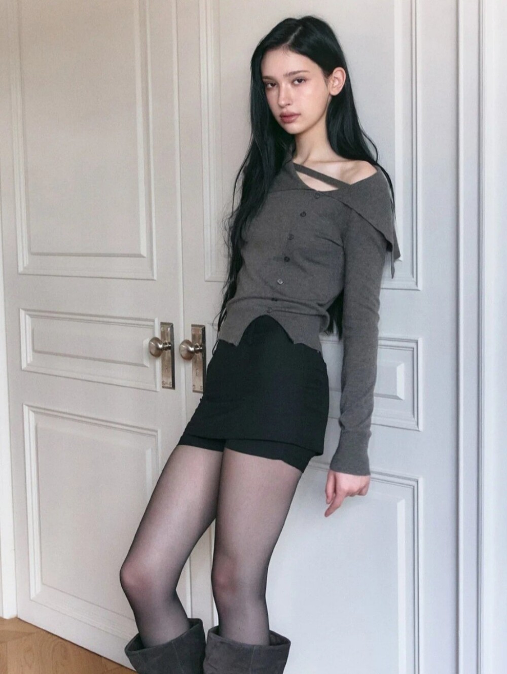 Notyourrose Sailor Strap Knit Cardigan Charcoal Brown One Size
